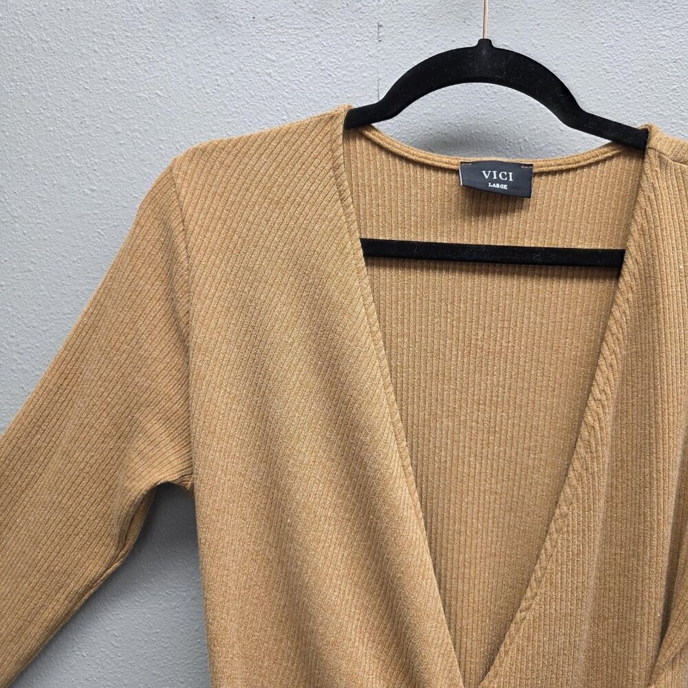 Vici Tyche Dress Womens Large Camel Tie Front Ribbed Knit Long Sleeve Made USA - Picture 2 of 9